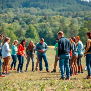 Equipo de trabajo participando en dinámica grupal al aire libre, fortaleciendo la integración, la comunicación y el trabajo en equipo