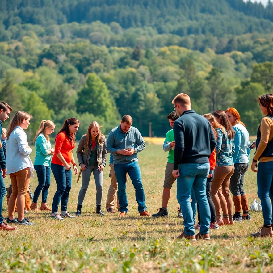 Equipo de trabajo participando en dinámica grupal al aire libre, fortaleciendo la integración, la comunicación y el trabajo en equipo