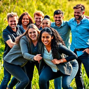 Equipo de trabajo unido y motivado participando en actividad de integración empresarial, fortaleciendo la cultura organizacional y el trabajo en equipo