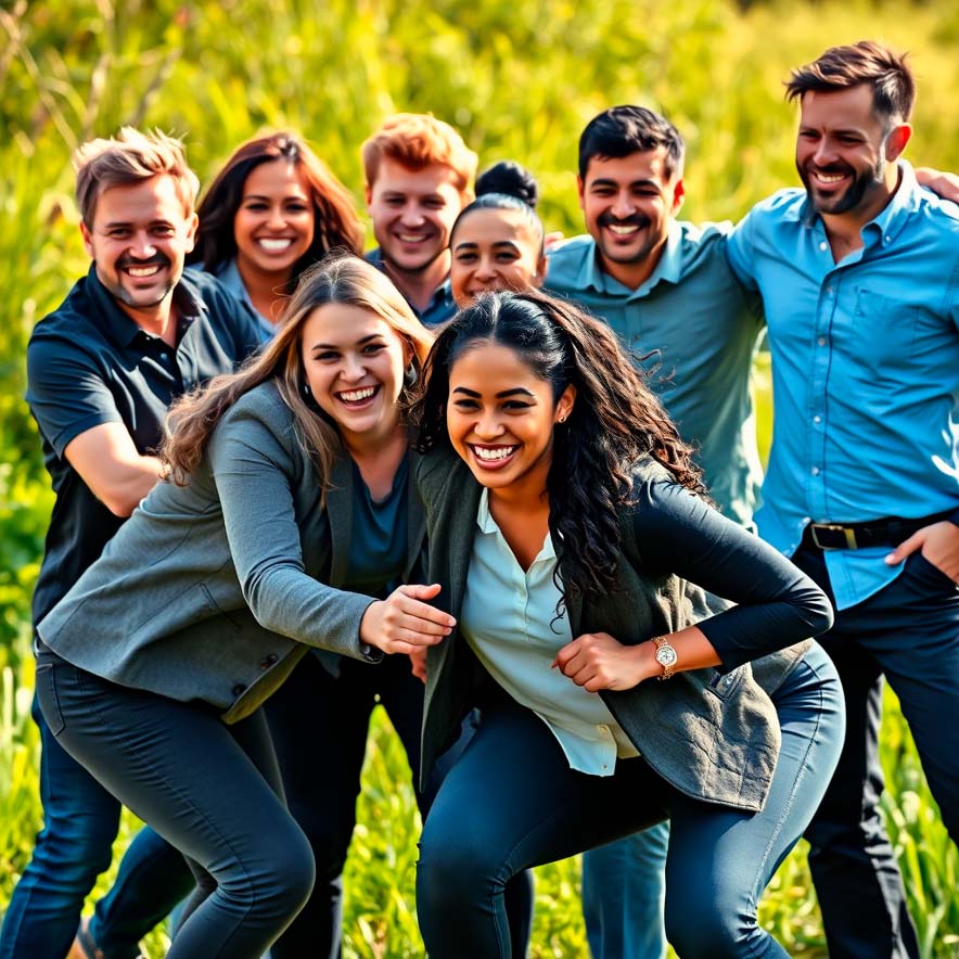 Equipo de trabajo unido y motivado participando en actividad de integración empresarial, fortaleciendo la cultura organizacional y el trabajo en equipo