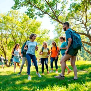 Grupo de personas participando en actividad al aire libre tipo team building, fomentando integración, bienestar y trabajo en equipo
