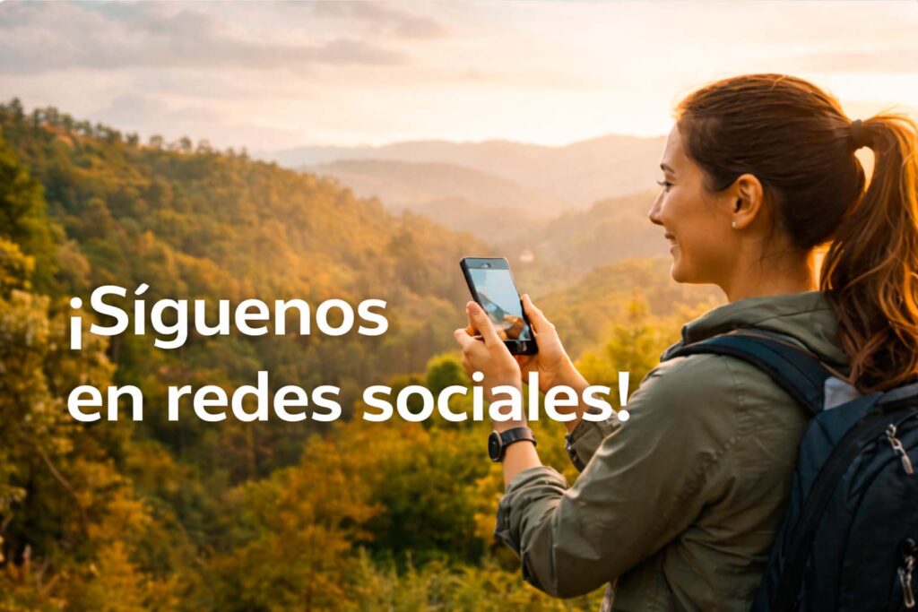 Mujer tomando foto en la naturaleza promoviendo redes sociales y conexión digital en experiencias corporativas