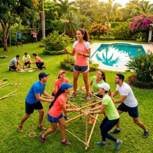Equipo de trabajo participando en dinámica de team building con estructura colaborativa, fortaleciendo liderazgo, coordinación y trabajo en equipo