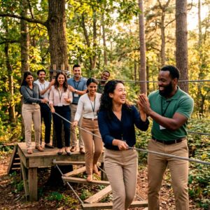 Equipo de trabajo participando en actividad de team building en la naturaleza, desarrollando confianza, liderazgo y colaboración