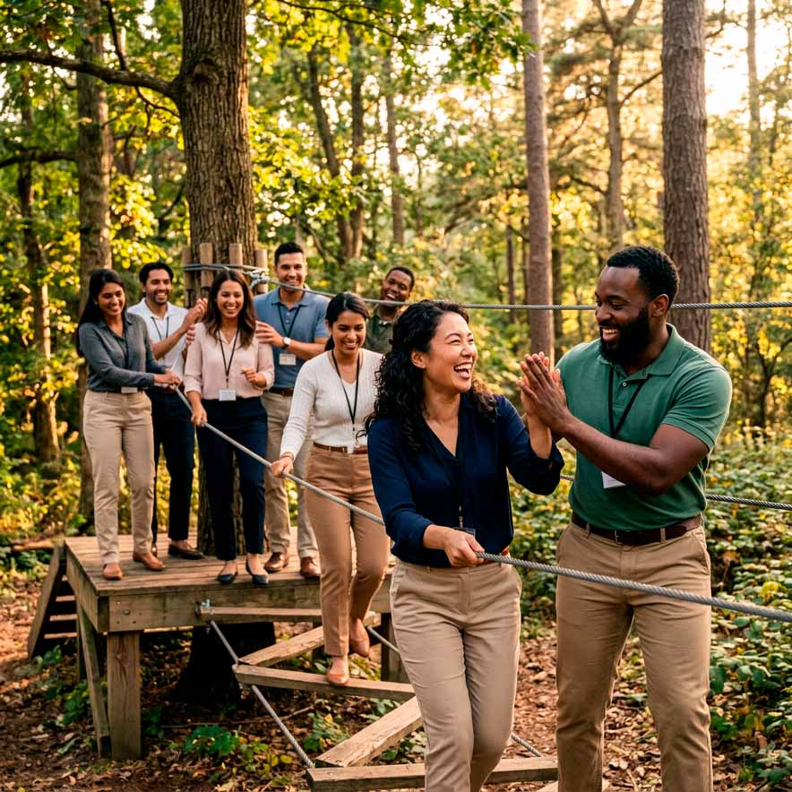 Equipo de trabajo participando en actividad de team building en la naturaleza, desarrollando confianza, liderazgo y colaboración