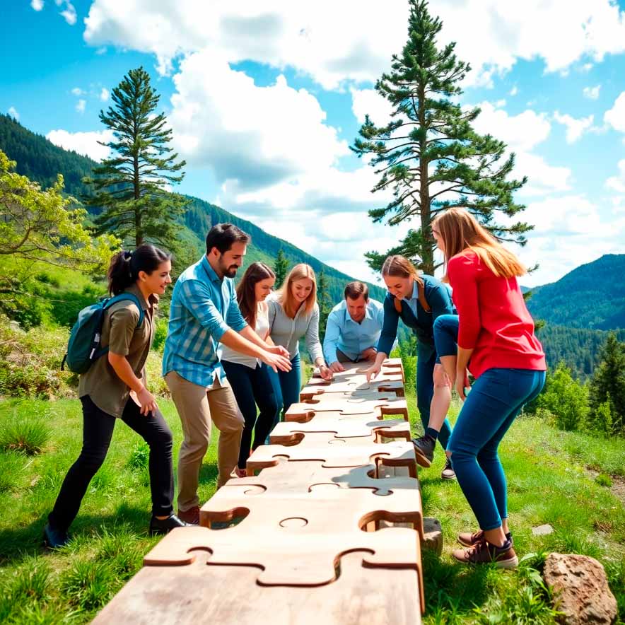 Equipo de trabajo resolviendo dinámica colaborativa tipo rompecabezas durante actividad de team building en la naturaleza