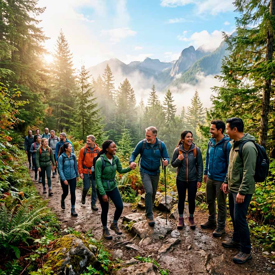 Equipo de trabajo participando en caminata de team building en la naturaleza, fortaleciendo liderazgo, integración y trabajo en equipo